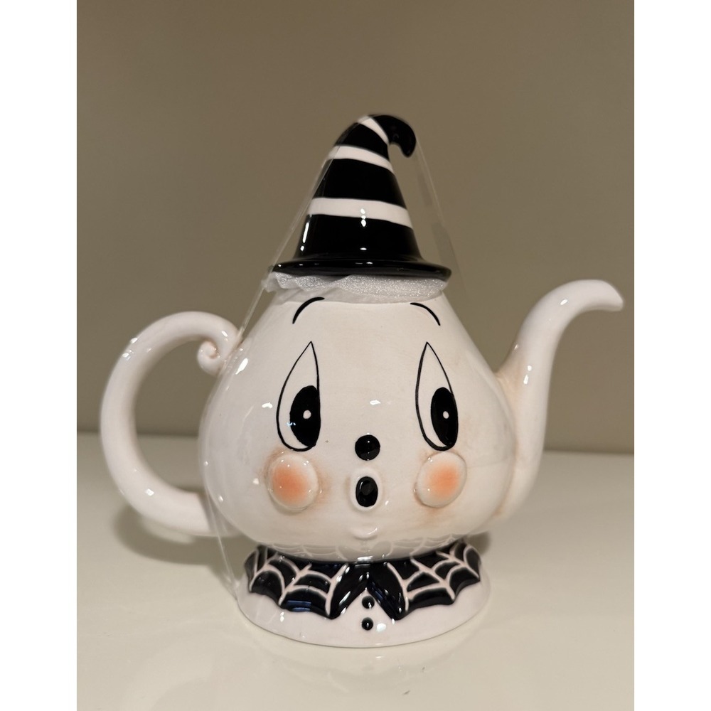 Johanna Parker Halloween Ghost Ceramic Teapot Striped Witch Hat Lid Spiderweb